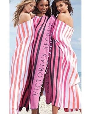 Victoria’s Secret Pink Stripe Cotton Throw Blanket Fringe 50x60 NWT Beach Towel